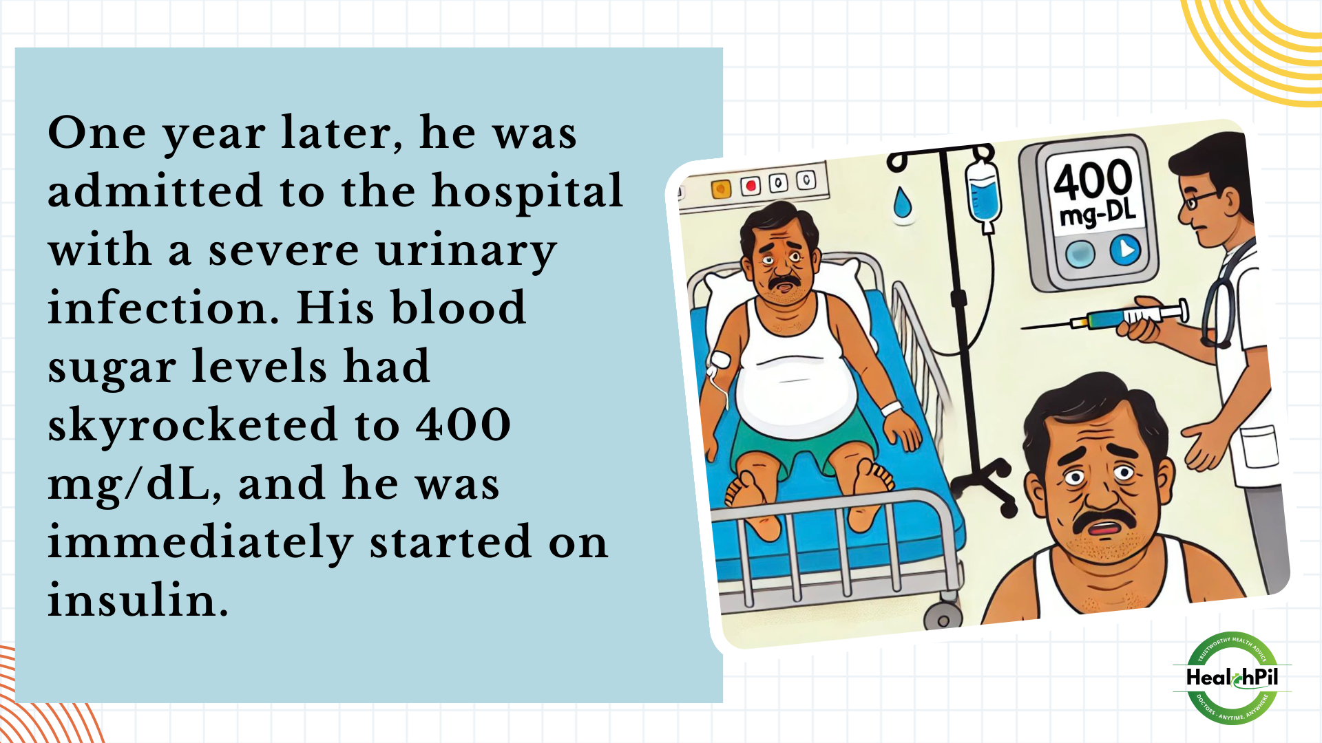 One year later, he was admitted to the hospital with a severe urinary infection. His blood sugar levels had skyrocketed to 400 mg/dL, and he was immediately started on insulin.