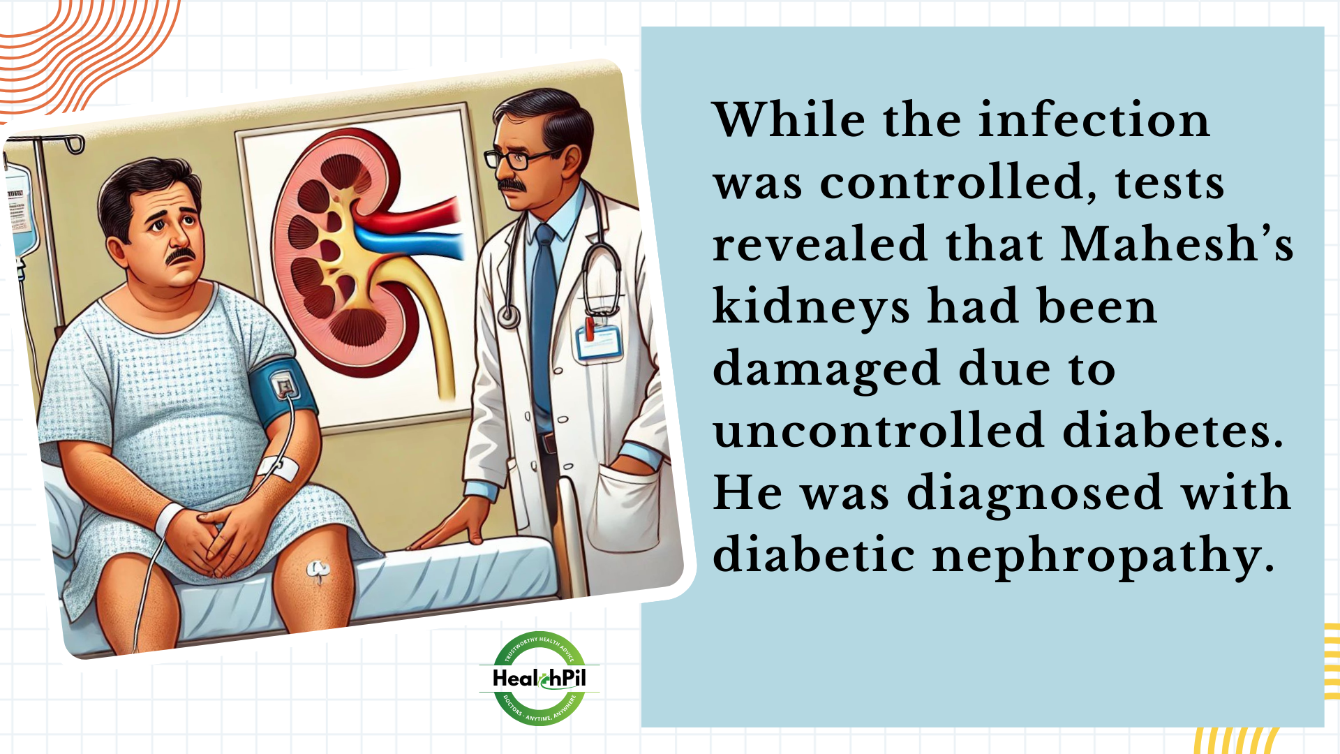 While the infection was controlled, tests revealed that Mahesh's kidneys had been damaged due to uncontrolled diabetes. He was diagnosed with diabetic nephropathy.