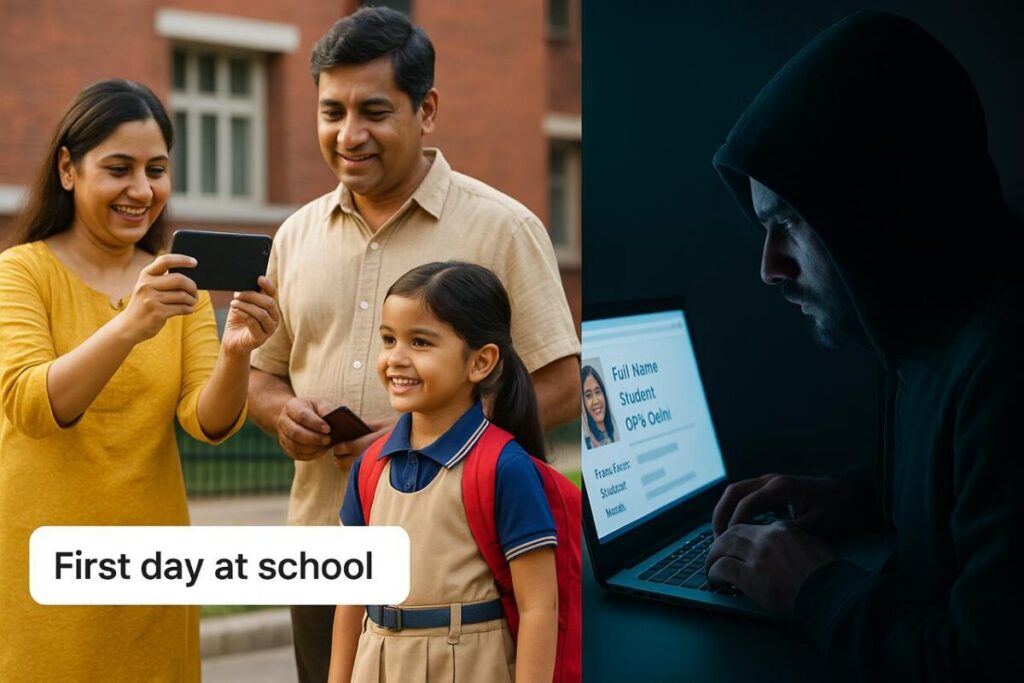 Parents holding a phone while uploading a child’s photo on social media — illustrating child safety online and the need for mindful sharing.